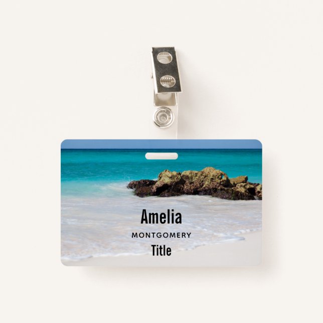 Azure Ocean Sandy Beach Photo ID Badge (Front with Clip)
