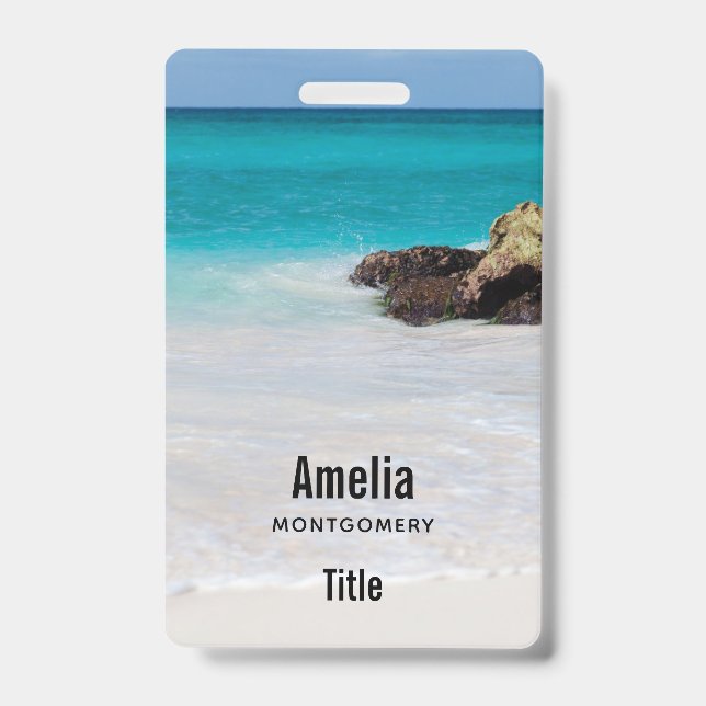 Azure Ocean Sandy Beach Photo ID Badge (Front)