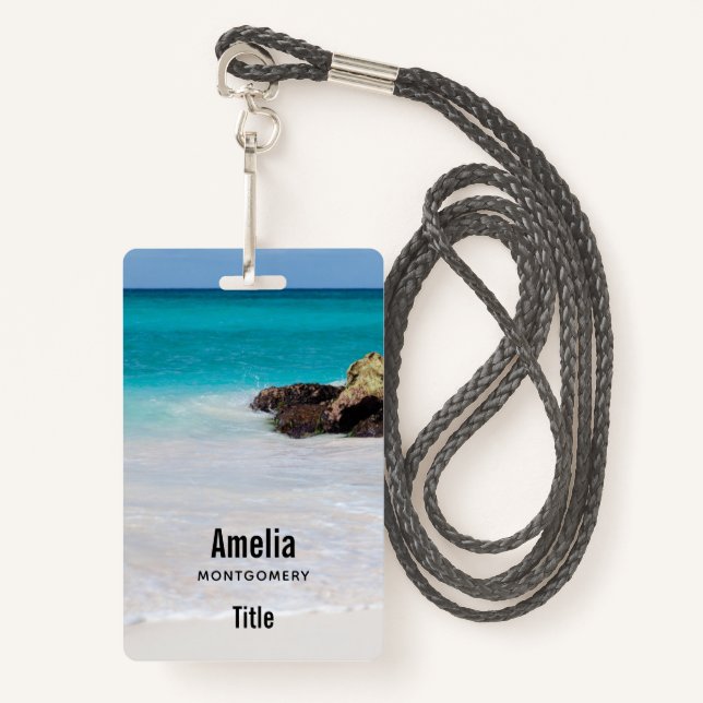Azure Ocean Sandy Beach Photo ID Badge (Front with Lanyard)