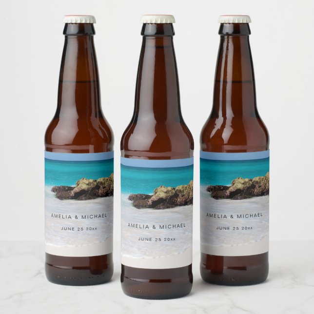 Azure Ocean Sandy Beach Photo Wedding Beer Bottle Label (Bottles)