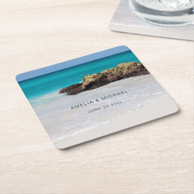 Azure Ocean Sandy Beach Photo Wedding Square Paper Coaster (Angled)