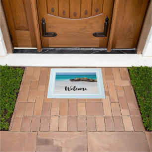 Azure Ocean Sandy Beach Photo Welcome Doormat