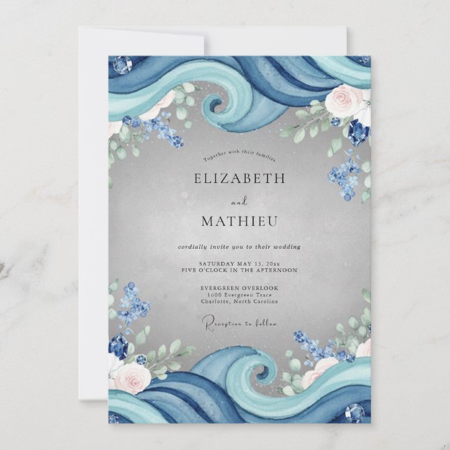 Azure Ocean Wave Eucalyptus Wedding Invitation (Front)