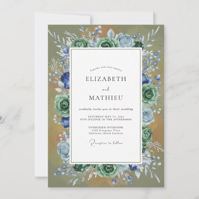 Azure Olive Succulent Eucalyptus Wedding Invitation (Front)