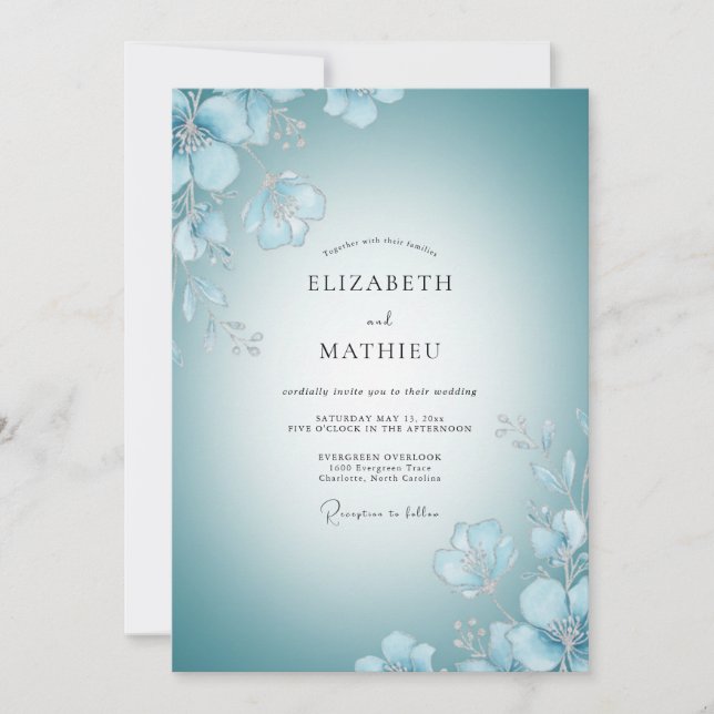 Azure Painted Petals Wedding Invitation (Front)