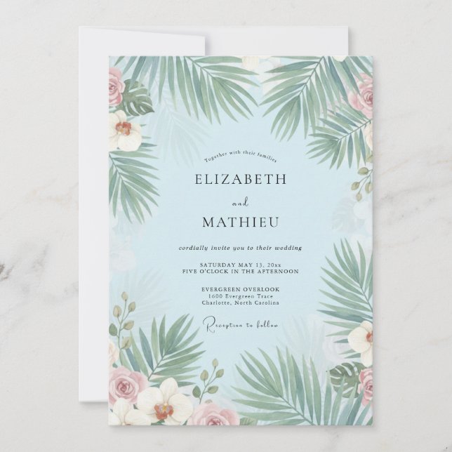 Azure Palm Tropical Eucalyptus Wedding Invitation (Front)