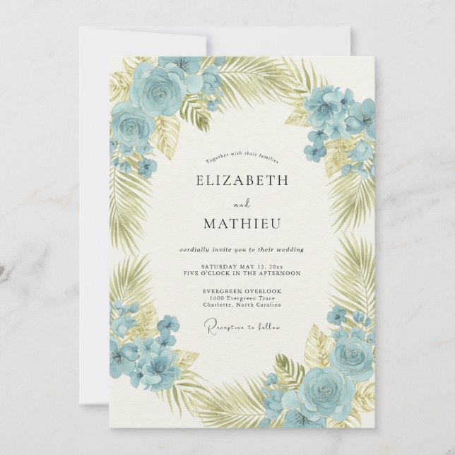 Azure Palm Wreath Wedding Invitation (Front)
