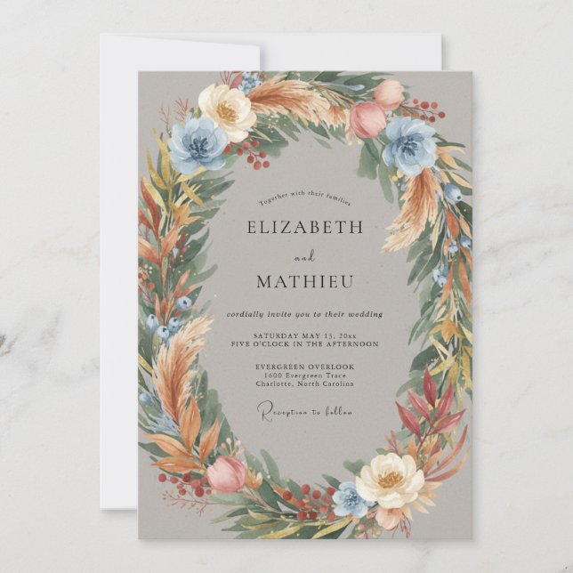 Azure Pampas Wreath Wedding Invitation (Front)