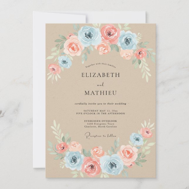 Azure Peach Painted Bloom Wedding Invitation (Front)
