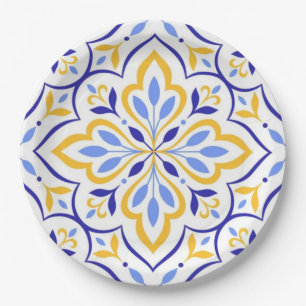 Azure Petal Elegant Blue and Gold Floral Mosaic Paper Plate