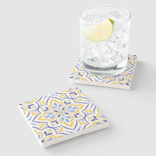 Azure Petal Elegant Blue and Gold Floral Mosaic Stone Coaster