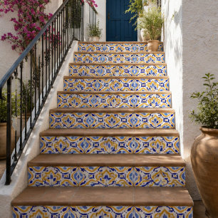 Azure Petal Elegant Blue and Gold Floral Mosaic  Tile