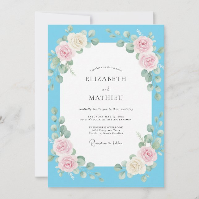 Azure Rose Blush Wreath Wedding Invitation (Front)
