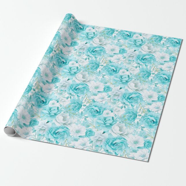 Azure Rose Bouquet: Watercolor Wedding Wrapping Paper (Unrolled)