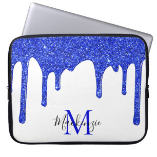 Azure Royal Blue Sparkle Glitter Drips Monogram Laptop Sleeve