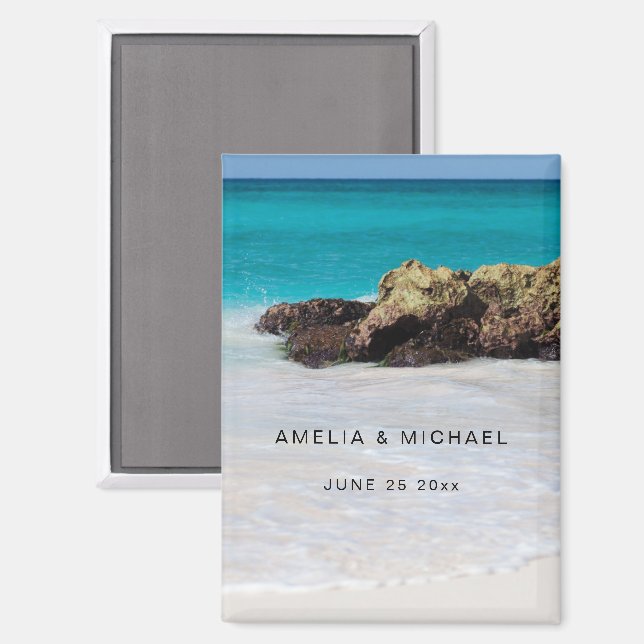 Azure Sea Sandy Beach Photo Wedding Save the Date Magnet (Front/Back)