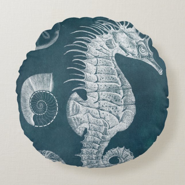 Azure Seahorse Study I Round Cushion (Front)