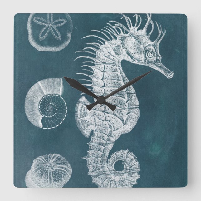 Azure Seahorse Study I Square Wall Clock (Front)