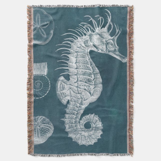 Azure Seahorse Study I Throw Blanket (Front Vertical)