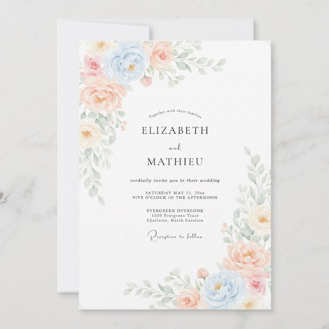 Azure Soft Peach Peony Wedding Invitation (Front)