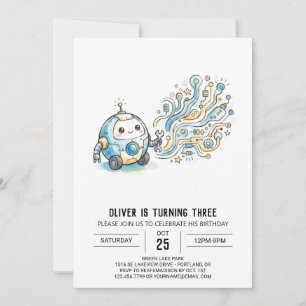 Azure Starry Robot Birthday Invitation