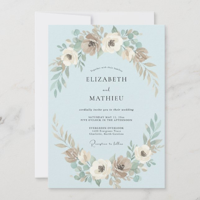 Azure Taupe Petal Wedding Invitation (Front)