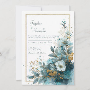 Azure Teal Gold Glitter Watercolor Floral Wedding Invitation