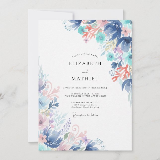 Azure Teal Wildflower Wedding Invitation (Front)