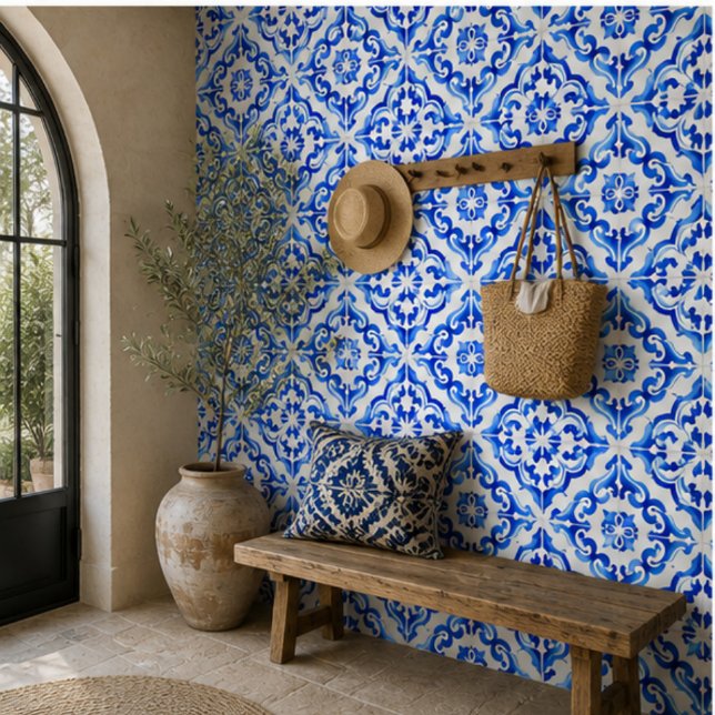 Azure Tides Hand Painted Blue Watercolor Mosaic Tile (Creator Uploaded)