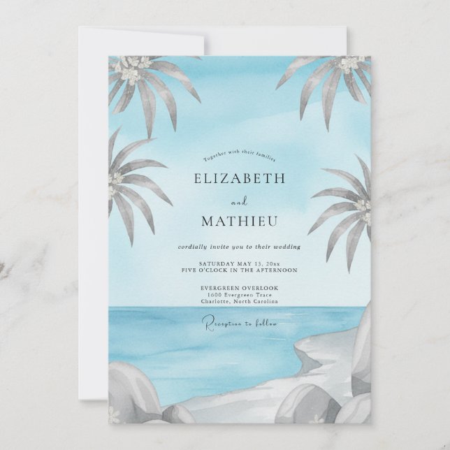 Azure Tropical Palm Grey Eucalyptus Wedding Invitation (Front)