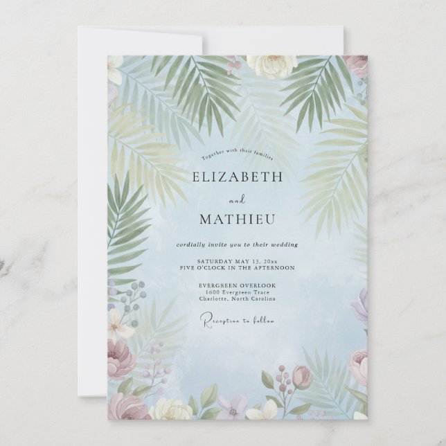 Azure Tropical Palm Muted Eucalyptus Wedding Invitation (Front)