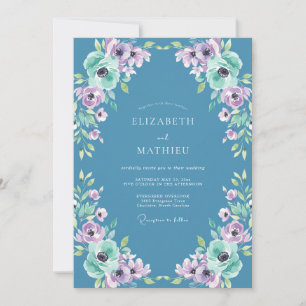Azure Violet Ranunculus Dusty Eucalyptus Wedding Invitation