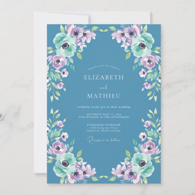 Azure Violet Ranunculus Dusty Eucalyptus Wedding Invitation (Front)
