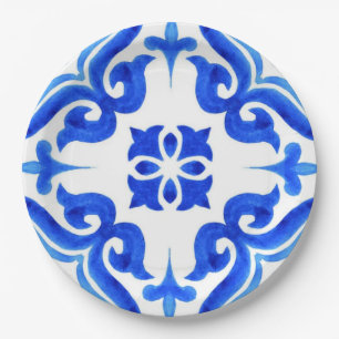 Azure Waves Watercolor Blue Ornamental Mosaic Paper Plate