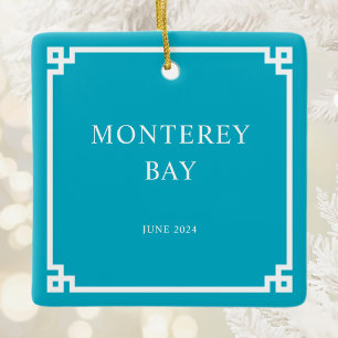 Azure White Greek Key Border Family Vacation Photo Ceramic Ornament