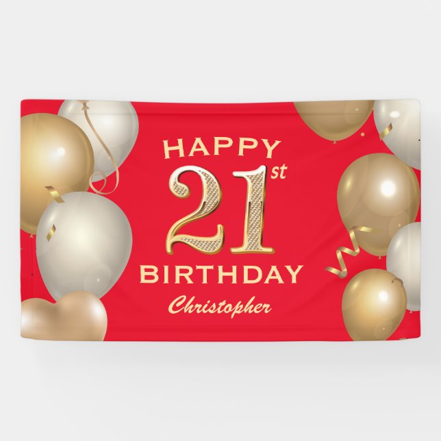 B21st Birthday Party Red and Gold Balloons Banner (Horizontal)