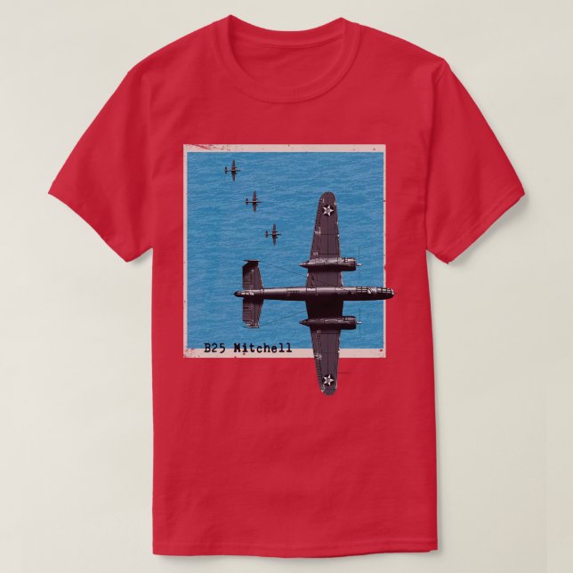 B25 Mitchell WW2 bomber aeroplane over the ocean T-Shirt (Design Front)