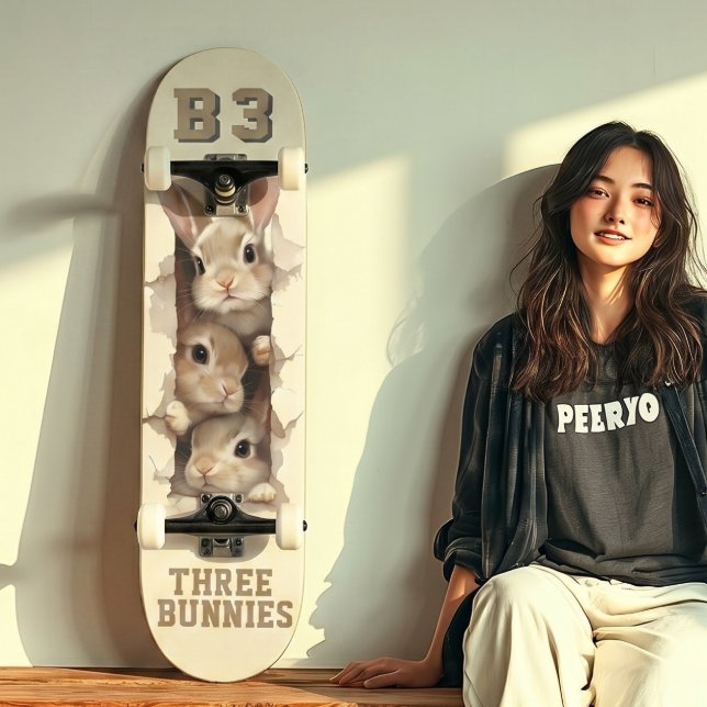 B3 Three Bunnies 3D Illusion  Skateboard (Trucks and wheels are customization options and are not included in the price.)