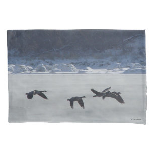 B48 Canadian Geese in Flight Over Frozen River Pillowcase