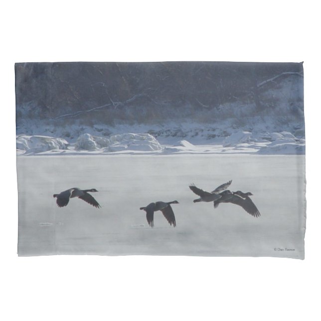 B48 Canadian Geese in Flight Over Frozen River Pillowcase (Front)