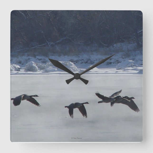 B48 Canadian Geese Over Frozen River Square Wall Clock (Front)