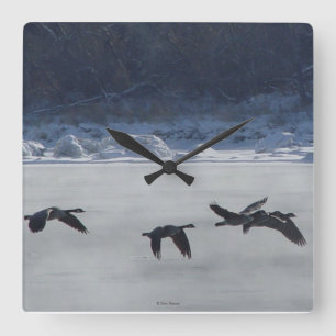 B48 Canadian Geese Over Frozen River Square Wall Clock