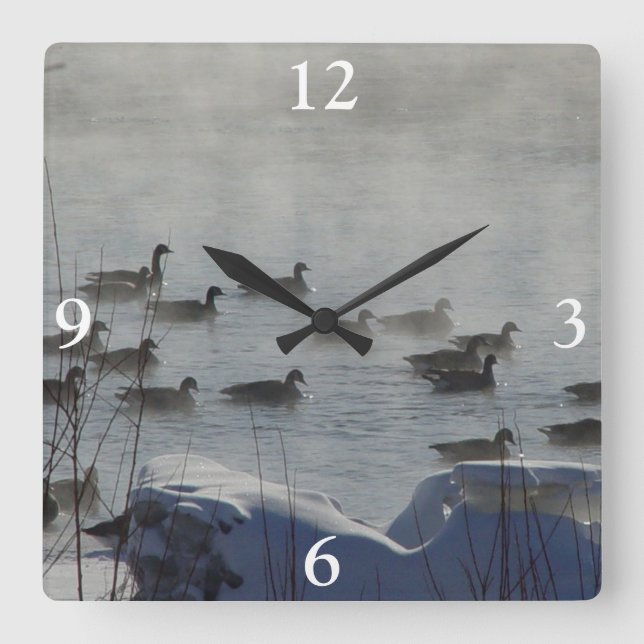 B49 Canadian Geese on Misty River Square Wall Clock (Front)
