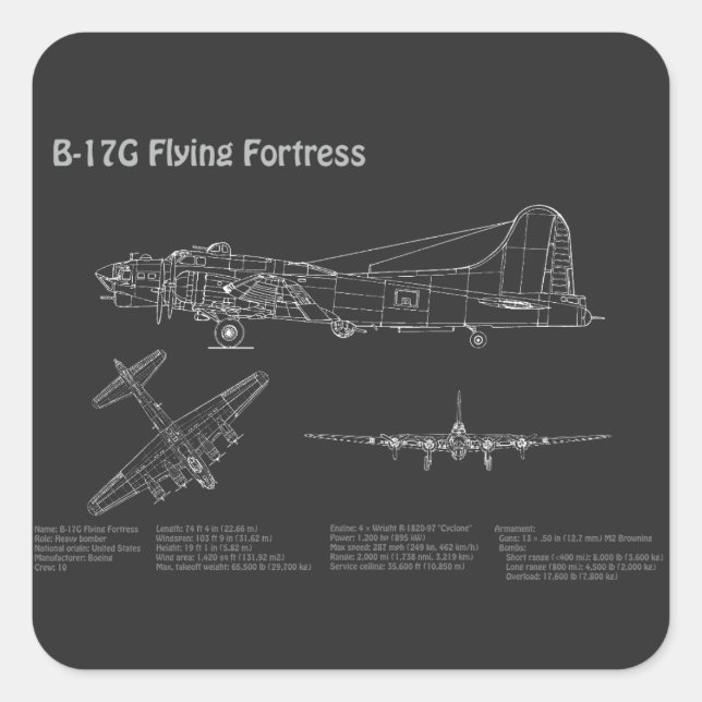 B-17 Flying Fortress - Aeroplane Blueprint Plans P Square Sticker (Front)