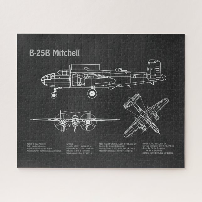 B-25B Mitchell Doolittle - Aeroplane Blueprint PD Jigsaw Puzzle (Horizontal)