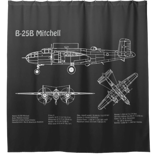B-25B Mitchell Doolittle - Aeroplane Blueprint PD Shower Curtain (Front)