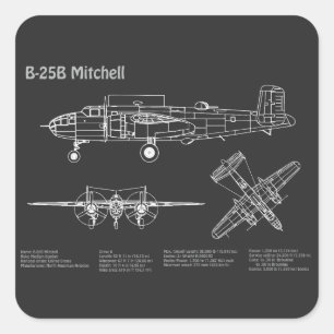 B-25B Mitchell Doolittle - Airplane Blueprint PD Square Sticker