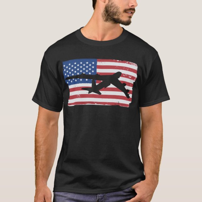 B-52 Stratofortress Bomber Aeroplane American Flag T-Shirt (Front)