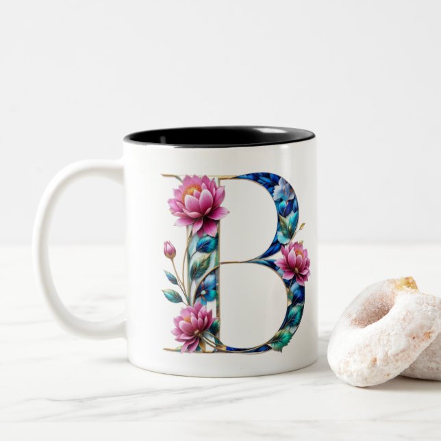 B Coffee Mug – Floral Design for Gifting (With Donut)