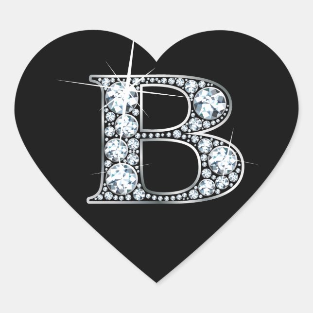 "B" Diamond Bling on Black Heart Sticker (Front)